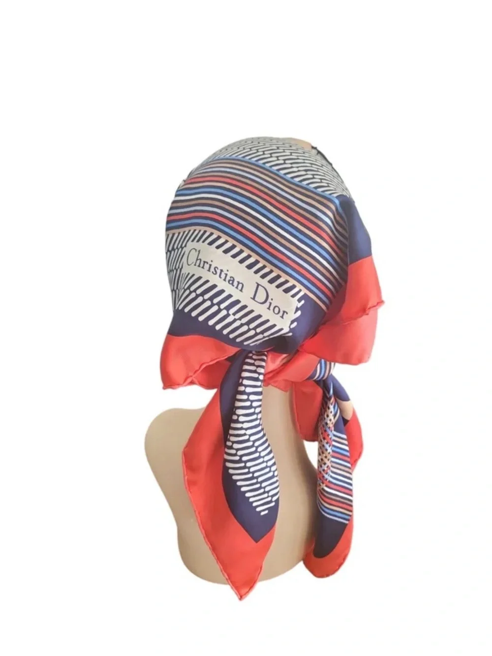 Dior Navy, Red and Cream Striped Signature Silk Scarf